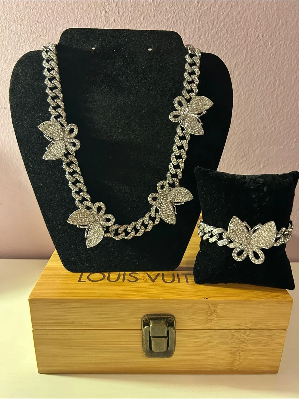 Rhinestone Butterfly Chain Necklace and Bracelet Set - Silver